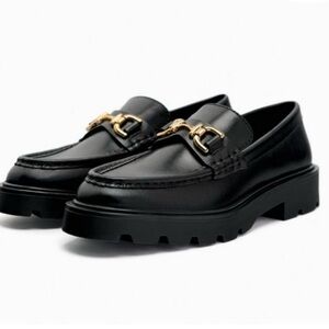 NWT Lug Sole Leather Loafers with Gold Accent